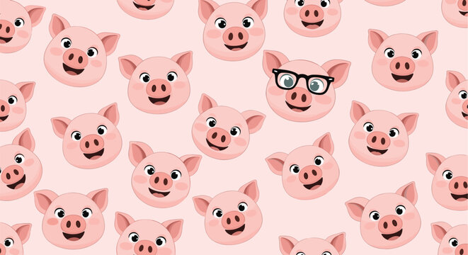 A seamless repeating pattern of cute, happy pig faces on a pink background, with one special pig wearing nerdy glasses.