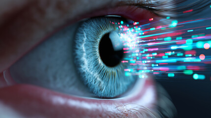 A close-up human eye with digital light streams illustrates data vision, perception, and futuristic technology.