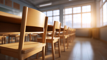 Empty classroom with desks and warm sunlight symbolizes education, learning, and academic calm.

