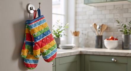 Pair of colorful rainbow striped oven mitts hanging on a wall hook. Quilted pot holders with star pattern in a modern kitchen. Heat resistant gloves for baking and cooking