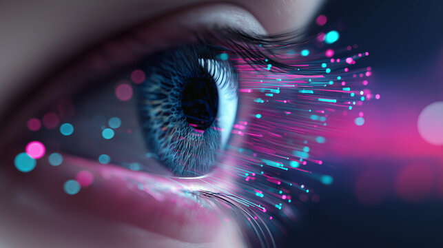 A close-up human eye with digital light streams illustrates data vision, perception, and futuristic technology.
 - Powered by Adobe