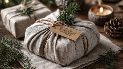 Elegant gifts wrapped in eco-friendly fabric, adorned with natural embellishments, evoking warmth and festive cheer