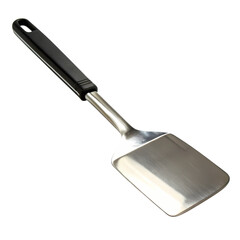 Solid stainless steel kitchen spatula with black handle, cut-out on PNG with alpha channel