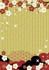 和風背景イラスト、かわいい、シンプル、梅、竹、金、キラキラ、縦