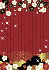 和風背景イラスト、かわいい、シンプル、梅、竹、赤、キラキラ、縦