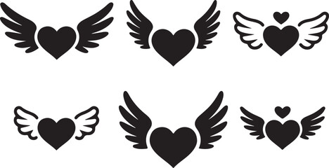 Winged heart icons collection with black silhouette designs for love and freedom symbols vector illustration © Ranaart