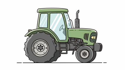 Obraz premium Green tractor with large tires and a glass-enclosed cabin on a white background, viewed from the side.
