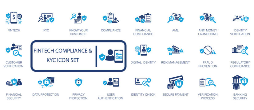 Fintech compliance and KYC icon set featuring digital identity, customer verification, fraud prevention, financial security, AML, risk management, and user authentication symbols.