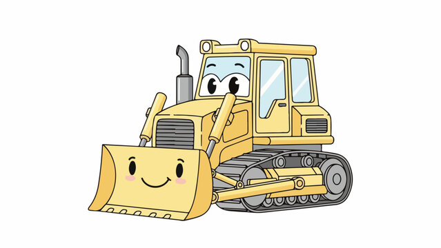 A cartoon bulldozer with a smiling face and expressive eyes on a plain white background.