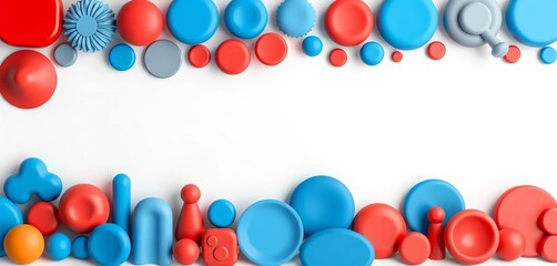 Diverse forms of varying sizes and shapes, some in blue and some in red, aligned in an orderly row, illustrating unity and contrast,  blue,  line