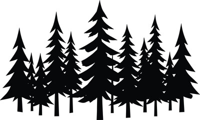 Obraz premium Black pine tree forest silhouette illustration with dense evergreen woodland, minimalist nature graphic isolated on white background for design use