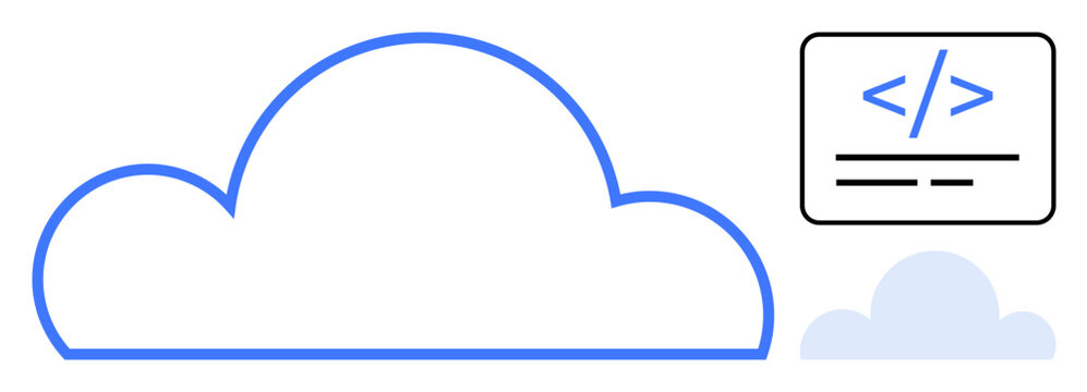 Cloud computing, software coding, data storage, web development, IT services, innovation. Cloud icon with programming code symbol. Cloud computing and software coding theme