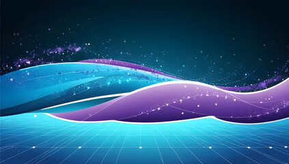 Fluid Wavescape: Abstract Ribbon Curve with Neon Stripes, Sparkle Particles, and Grid Floor