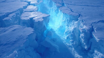 Deep blue ice crevasse with glowing light in arctic landscape glacier