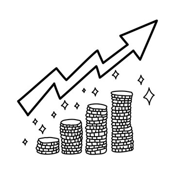 Hand drawn Illustration of a rising stock chart with gold coins as a form of movement