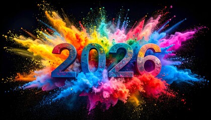 Bold 2026 text explodes outwards in a vibrant, colorful cloud on black