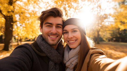 A smiling couple takes a selfie during an autumn walk, capturing happiness and togetherness.
