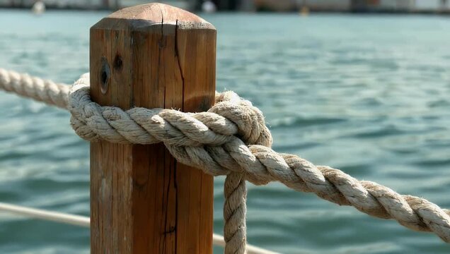 Close up 4K footage of nautical rope with sailing knot on bitts capturing detailed texture maritime equipment boating sailing nautical stock 