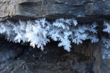 Delicate ice crystals form intricate patterns hanging from dark rock frost winter