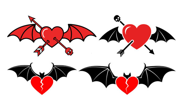 Evil cupid bat wing hearts and arrows vector set