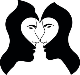 Black and white duality faces silhouette vector illustration isolated on transparent background