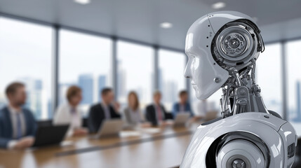 A humanoid robot works alongside professionals in a modern office, representing human and AI collaboration.
