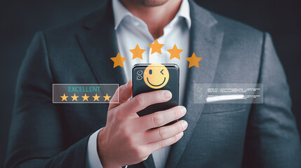 Businessman holding smartphone with five-star rating and smile icon, showing excellent customer satisfaction, positive feedback, service quality concept.