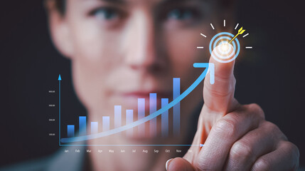 Businesswoman touching digital growth target with upward arrow and chart, representing business success and future growth.