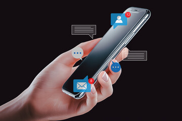 Hand holding smartphone with message and notification icons, representing digital communication, social media alerts, and online messaging.