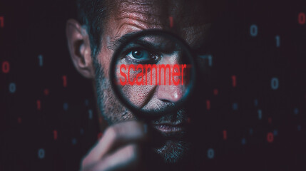 Man holding magnifying glass with scammer text over face, illustrating cybercrime, online fraud, hacking threats, and digital security risks.