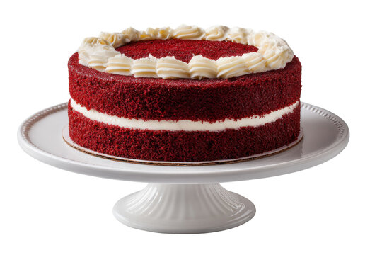Double layer red velvet cake with swirled white cream frosting on white pedestal stand
