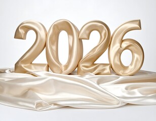 Shiny gold "2026" numbers on a cream satin cloth, white background