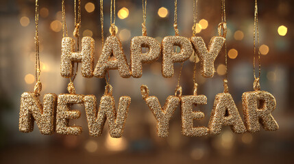 Happy New Year Golden Glitter Letters with Bokeh Lights Background