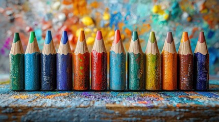 Colorful used pencils on painted wood, art background, creativity concept, education