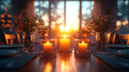 Romantic sunset dinner table setting, candles, flowers