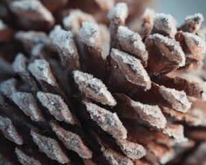 Extreme close up of a pinecone covered in frost and ice crystals winter nature