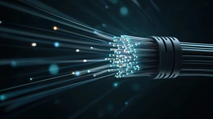 bundle of optic cables, with the tips glowing intensely with  light, shallow depth of field, bokeh background, capturing the speed of information, professional product shot. 
