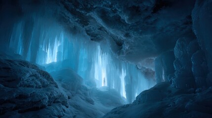 Ethereal blue ice cave with hanging icicles and snow covered rocks winter