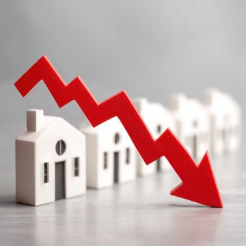 Housing market downturn concept with arrow and houses