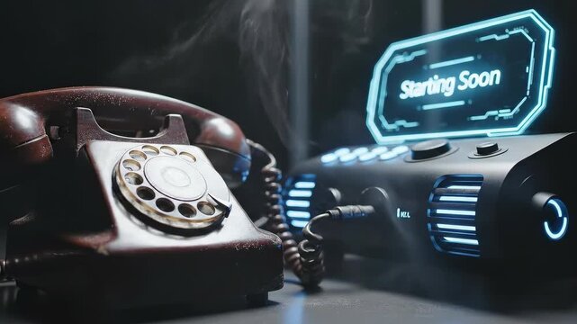 Vintage Rotary Phone & Futuristic 'Starting Soon' Display: A Blend of Past and Future Technology in a Dark, Smoky Setting