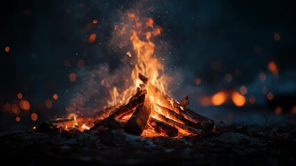 Campfire burning with glowing flames and flying sparks on dark background creating warm cozy outdoor atmosphere