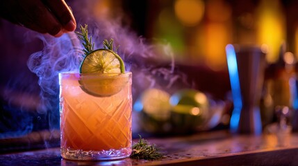 Skilled Bartender Pours Colorful Cocktail With Citrus Garnish and Rising Smoke in Moody Bar Setting on International Bartender Day