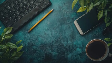 Workspace Desk with keyboard, phone, coffee, and plants
