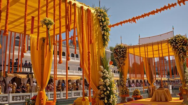 Elegant Mesha Sankranti Celebration Setup with Bright Orange and Yellow Decorations, Floral Arrangements, and Traditional Elements