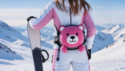 Snowboarder on snowy mountain slope wearing a cute bear-shaped protective padding cushion for tailbone safety, combining winter sport, playful design and fall protection outdoors