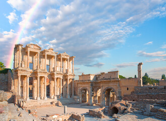 Celsus Library in Ephesus with rainbow - Sel&ccedil;uk, Turkey