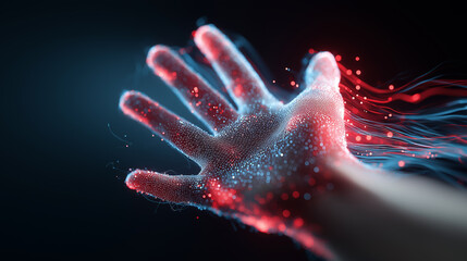 A digital human hand dissolves into glowing particles, symbolizing virtual interaction, data flow, and futuristic technology.
