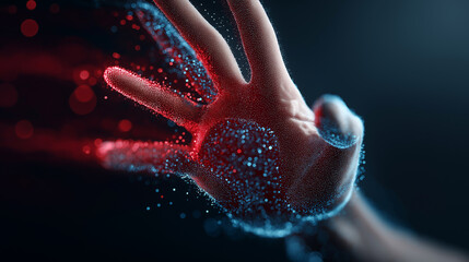 A digital human hand dissolves into glowing particles, symbolizing virtual interaction, data flow, and futuristic technology.
