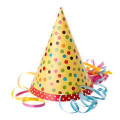 Festive birthday hat with colorful streamers, cut-out subject and isolated on transparent