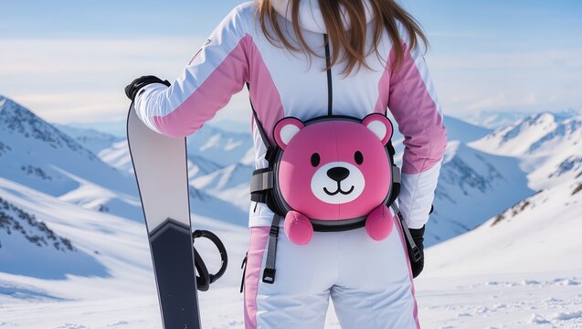 Snowboarder on snowy mountain slope wearing a cute bear-shaped protective padding cushion for tailbone safety, combining winter sport, playful design and fall protection outdoors